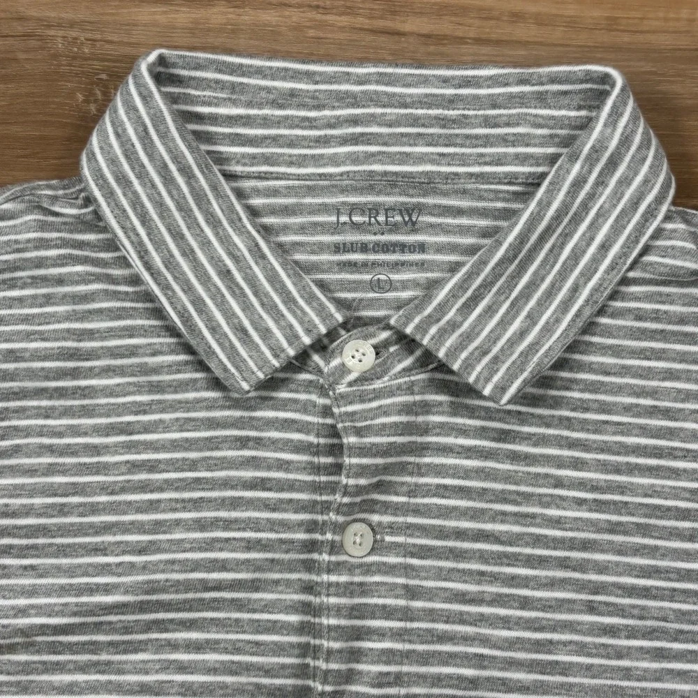 J. Crew Polo Shirt Mens Large Minimalist Slub Cotton Classic Fit Grey Striped